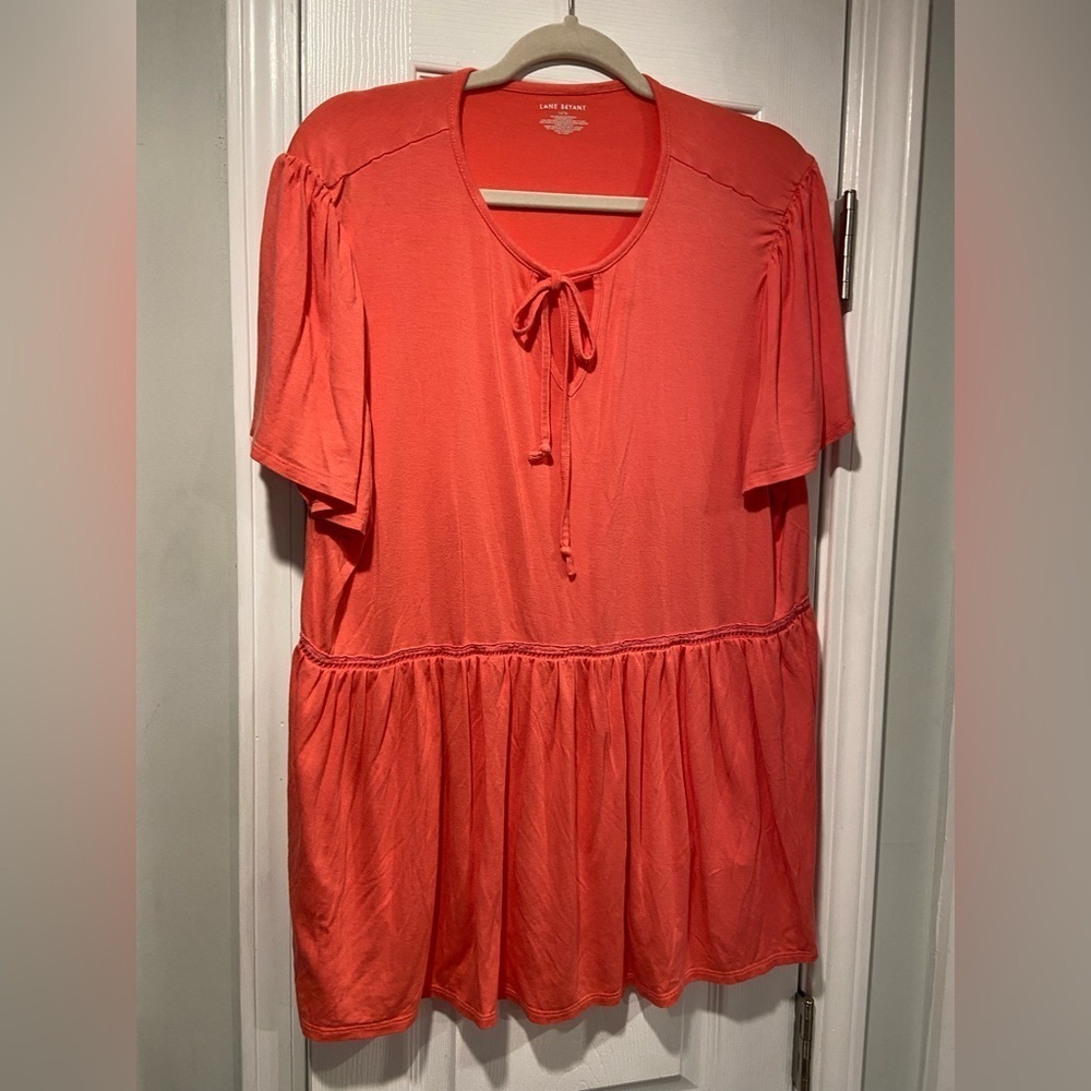 Lane Bryant Coral Pink Short Sleeve Keyhole Tie Neck Eyelet Trim Peplum Size 16